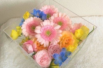 アクリルケースに納められたピンクのガーベラなどの色とりどりの花々。