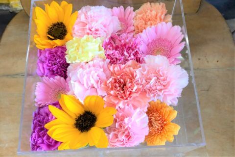 アクリルケースに納められた向日葵などの色とりどりの花々。