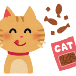 餌を美味しそうに見つめる猫のイラスト
